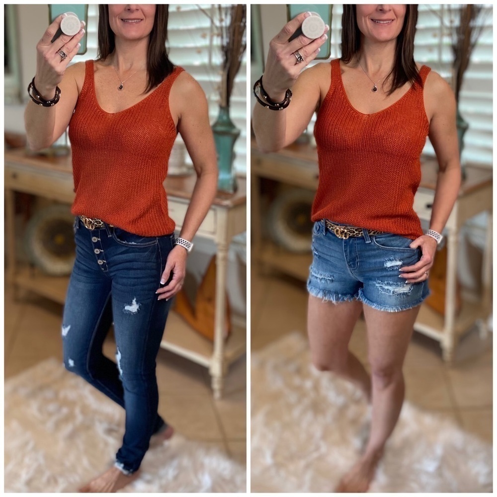 Sexy Low Double V Neck Back Sleeveless Dressy Knit Sweater Tank Rust 0721